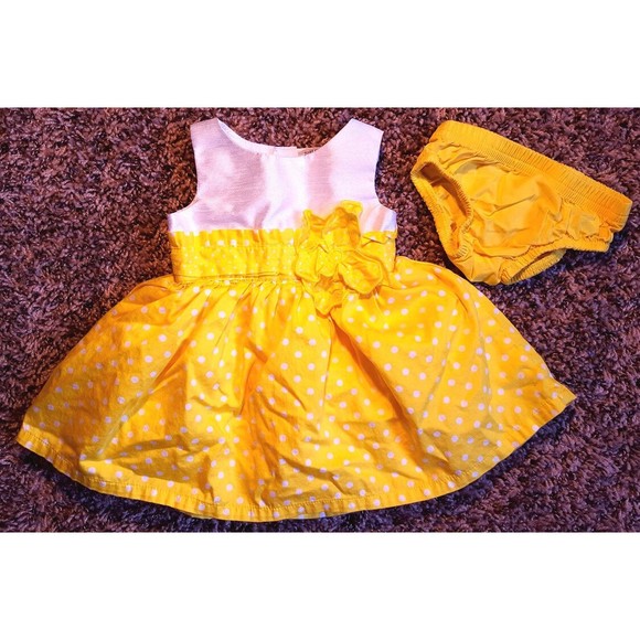 Girl's Size 3 M 0-3 Month 2 Pc White & Yellow Polka Dot Dress W/ Flower + DC Set - Picture 1 of 8